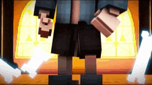 a cartoon character is standing in front of a stained glass window with a light coming out of it