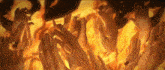 a painting of a crowd of people raising their hands in front of a fire