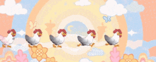 a girl is standing next to a row of chickens