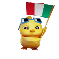a yellow duck wearing sunglasses holds a flag