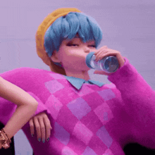 a cartoon character with blue hair drinking from a bottle
