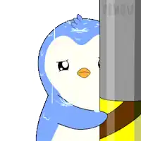 a penguin is standing next to a pole that says penguin