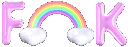 a pixel art of a rainbow and the word ok written in pink balloons .