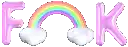 a pixel art of a rainbow and the word ok written in pink balloons .