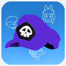 a purple hat with a skull on it is on a blue background
