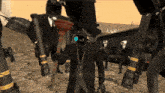 a man in a suit and top hat is holding a plunger in front of a group of robots