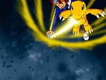 a cartoon of a boy holding a sword and a yellow monster