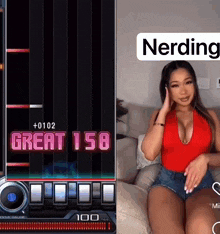 a woman in a red top is sitting on a couch next to a video game screen that says great 158