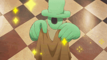 a cartoon character wearing a top hat and holding a cloth