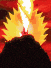 a cartoon drawing of a volcano erupting with a red background