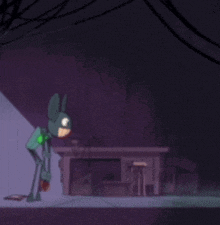 a cartoon character in a bunny costume is walking down a street at night .