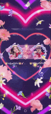 a picture of a man and a woman in a heart surrounded by pink and purple flowers
