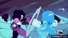 garnet and blue sapphire from steven universe are fighting each other with swords .