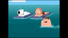 a group of cartoon characters are floating in the ocean on rafts .