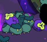 a cartoon drawing of a group of purple and green monsters