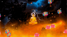 a painting of buddha with balloons and lotus flowers