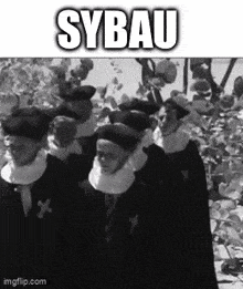 a black and white photo of a group of people with the word sybau written on the bottom