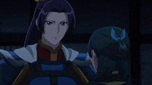 a woman with purple hair and a blue bow in her hair talks to another woman