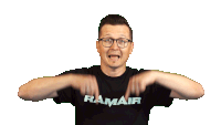 a man wearing glasses and a black shirt that says amair on it