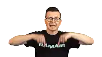 a man wearing glasses and a black shirt that says amair on it