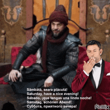 a man in a tuxedo blowing a kiss next to a knight in armor
