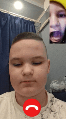 a boy and a girl are having a video call with a red circle that says ' i ' on it
