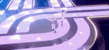 two anime characters are dancing on a purple stage .