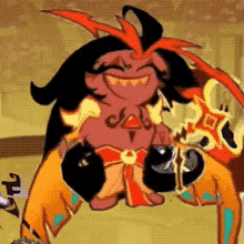 a cartoon character with a skull on his chest is holding a skull and smiling .