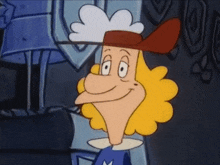 a cartoon character wearing a red hat and a blue shirt
