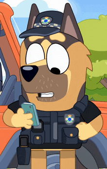 a cartoon dog wearing a police uniform is looking at his phone