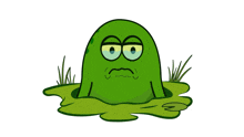 a green cartoon character with a sad face