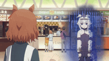 a group of people are standing in front of a restaurant called rebber lunch