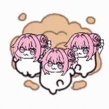 a group of sheep with pink hair are standing next to each other in a cloud .