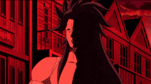 a silhouette of a man with a sword in front of a red building