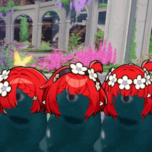three cartoon characters with red hair and flowers in their hair are standing next to each other