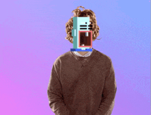 a purple and blue background with a person with a yellow square in front of their head