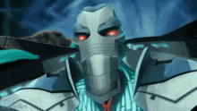 a close up of a robot with red eyes and a helmet on .