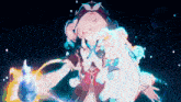 a girl with a g on her head is holding a white bear