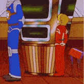two cartoon characters are standing next to each other in front of a large machine .