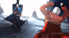 a man in a blue coat is holding a sword while another man in a red coat is dancing