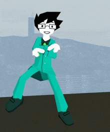 a cartoon character in a green suit and tie is standing on one leg