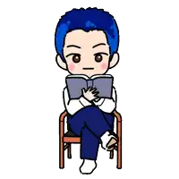 a cartoon of a man with blue hair reading a book