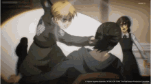 a group of anime characters are fighting each other in a scene from attack on titan
