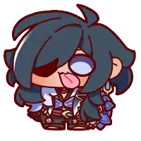 a cartoon character with blue hair sticking out his tongue