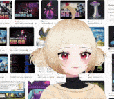 a girl with blonde hair and red eyes is in front of a collage of images with one that says world