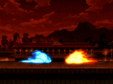 a painting of a blue and orange flame coming out of the middle