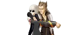 a man and a woman are standing next to each other and one is pointing