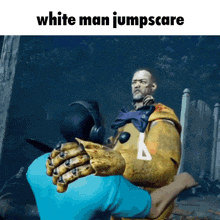 a white man jumpscare meme with a man in a yellow suit