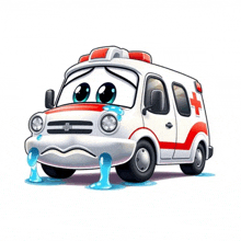 a cartoon ambulance is crying with tears running down its face