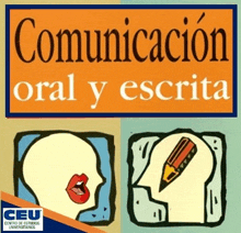 a poster that says comunicacion oral y escrita with a drawing of a head and a pencil